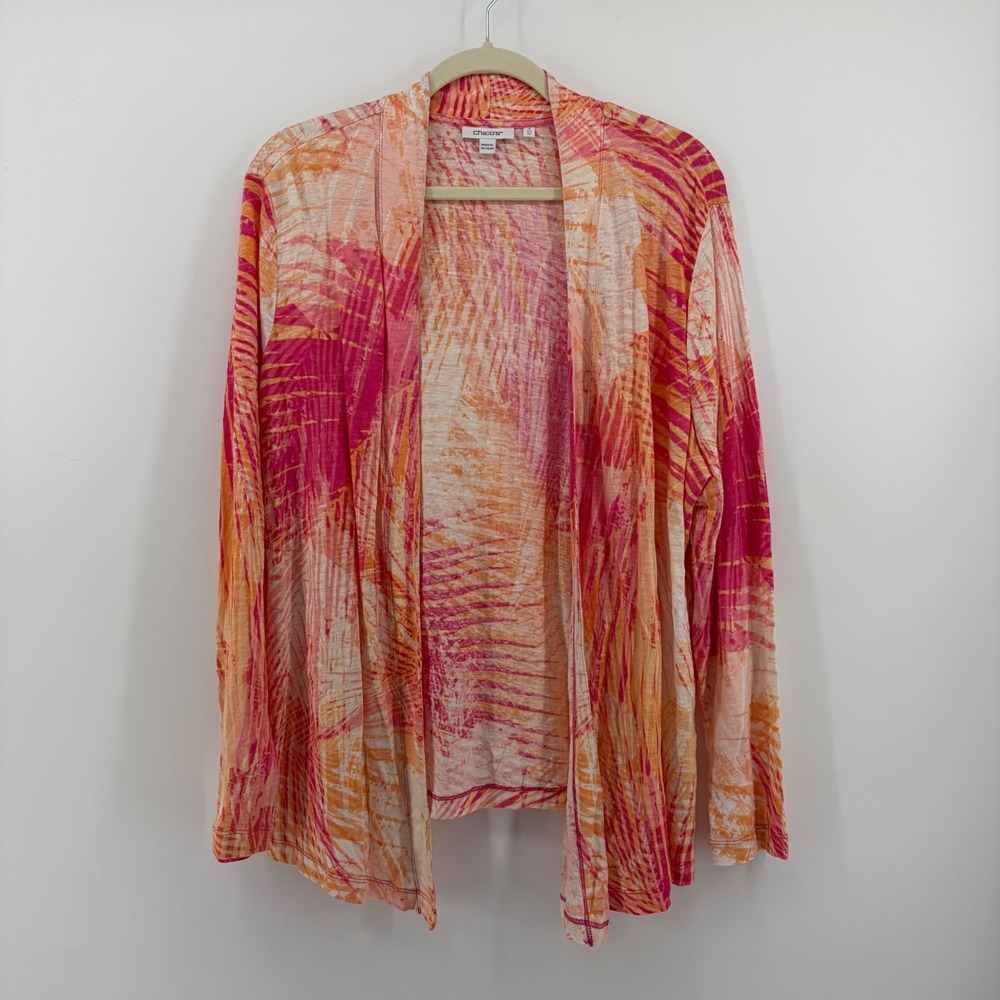 Chicos Open Front Cardigan Pink Orange Womens XL 100% Linen Tropical Palm Print‎